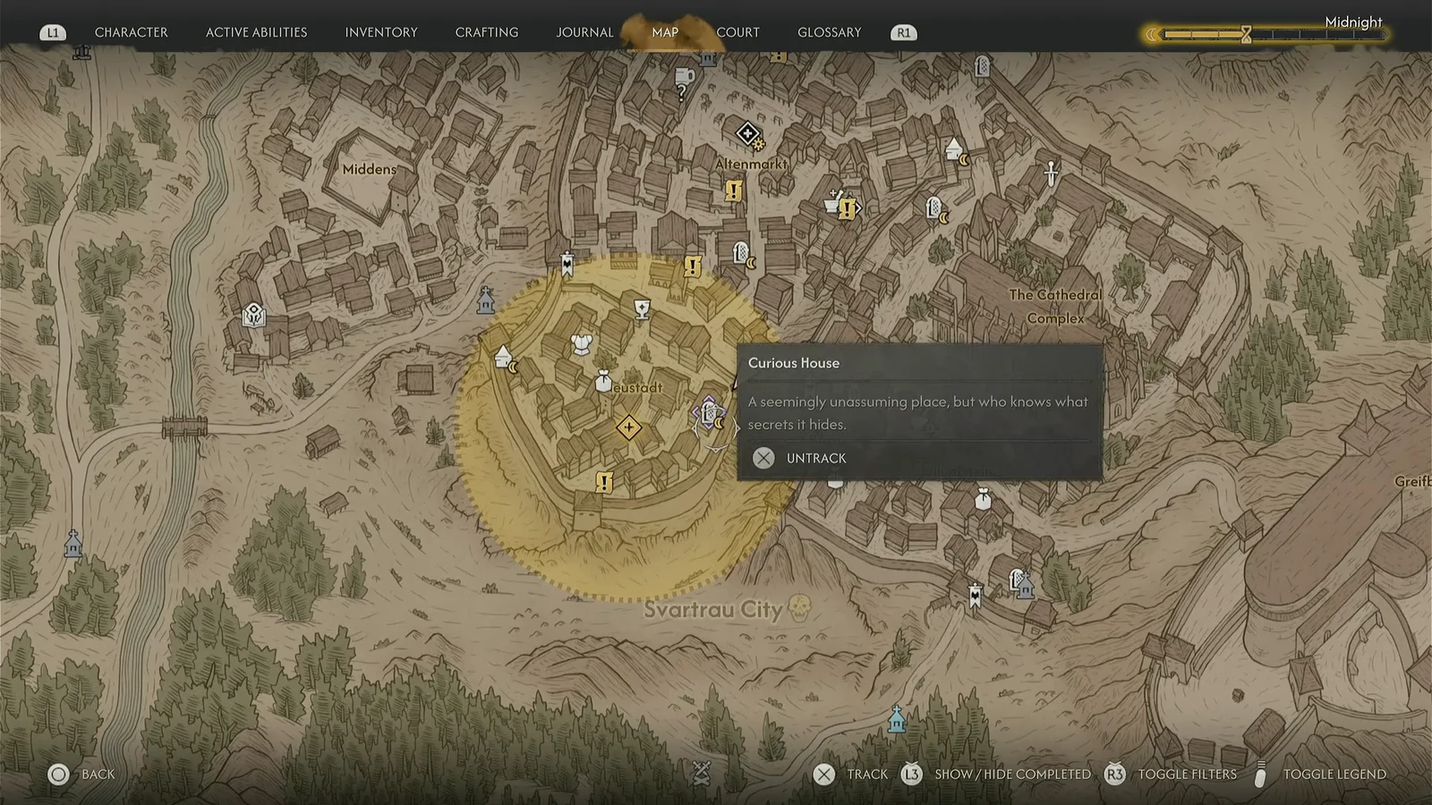 Curious House marker highlighted on the city map with its description and untrack option