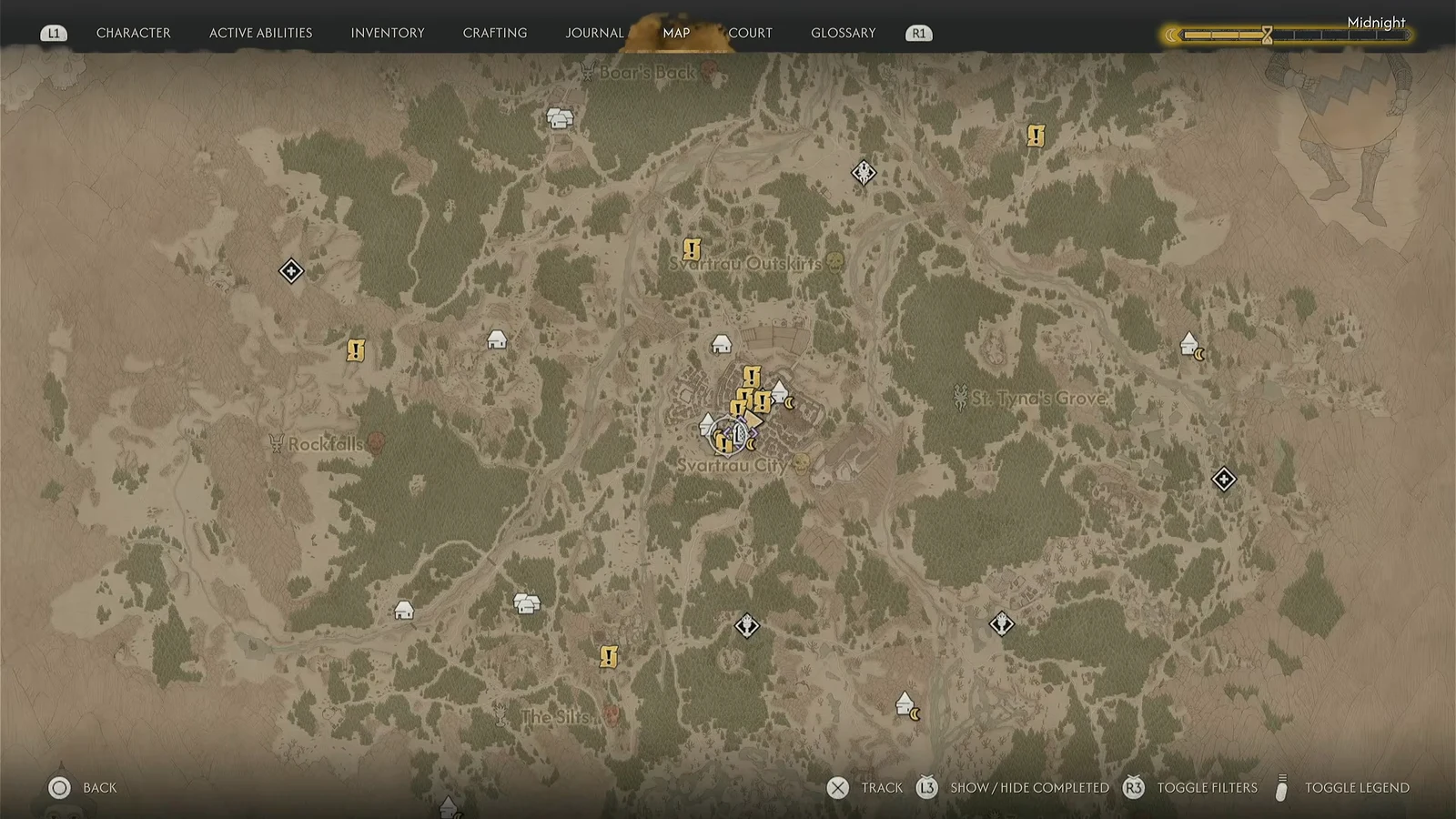 Map screen centred on Svartraud City with the central location marker selected
