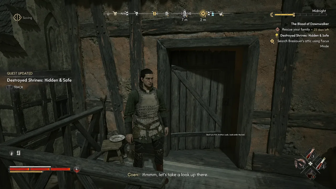 Coen at the upper doorway as the Destroyed Shrines quest updates on screen