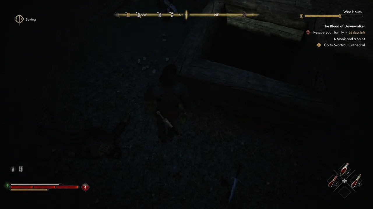 Dark tunnel beneath the cathedral with bodies on the ground and the objective tracker on screen