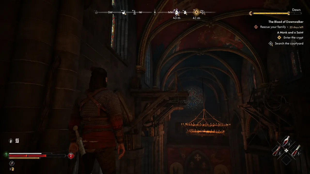 A Monk and a Saint tracker showing the Enter the crypt and Search the courtyard objectives