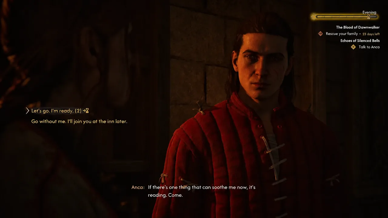 Dialogue wheel with the highlighted reply Let's go. I'm ready. during a conversation with Anca