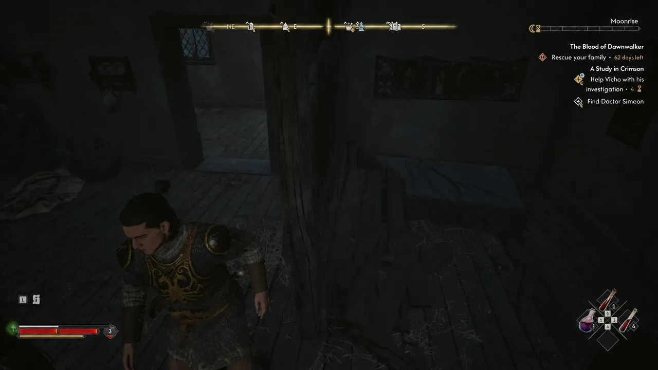 Coen standing in the dark upper room of the warehouse with the quest tracker on screen