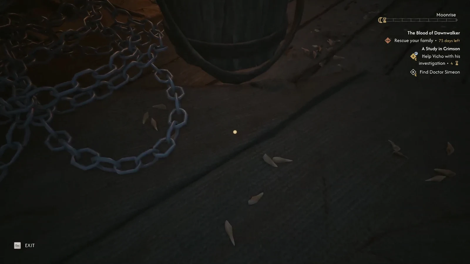 On-screen quest tracker listing the A Study in Crimson objectives during the warehouse search