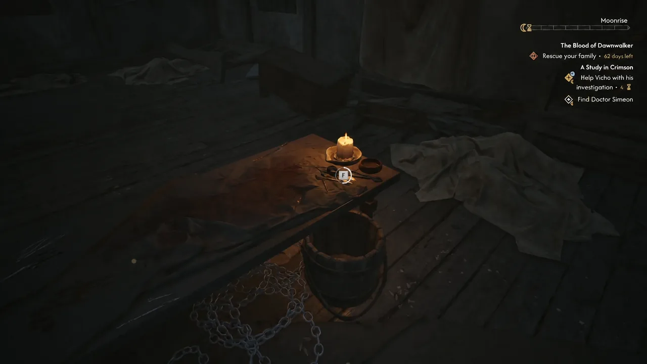Interacting with the candlelit table holding the doctor's surgical instruments