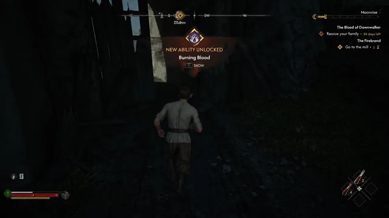 New Ability Unlocked notification for Burning Blood during early gameplay in The Blood of Dawnwalker