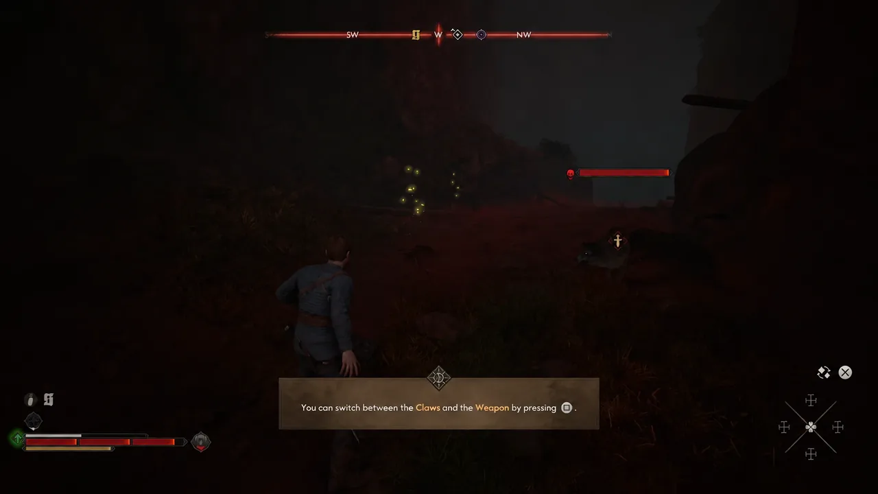 Tutorial prompt explaining how to switch between Claws and Weapon with the Square button