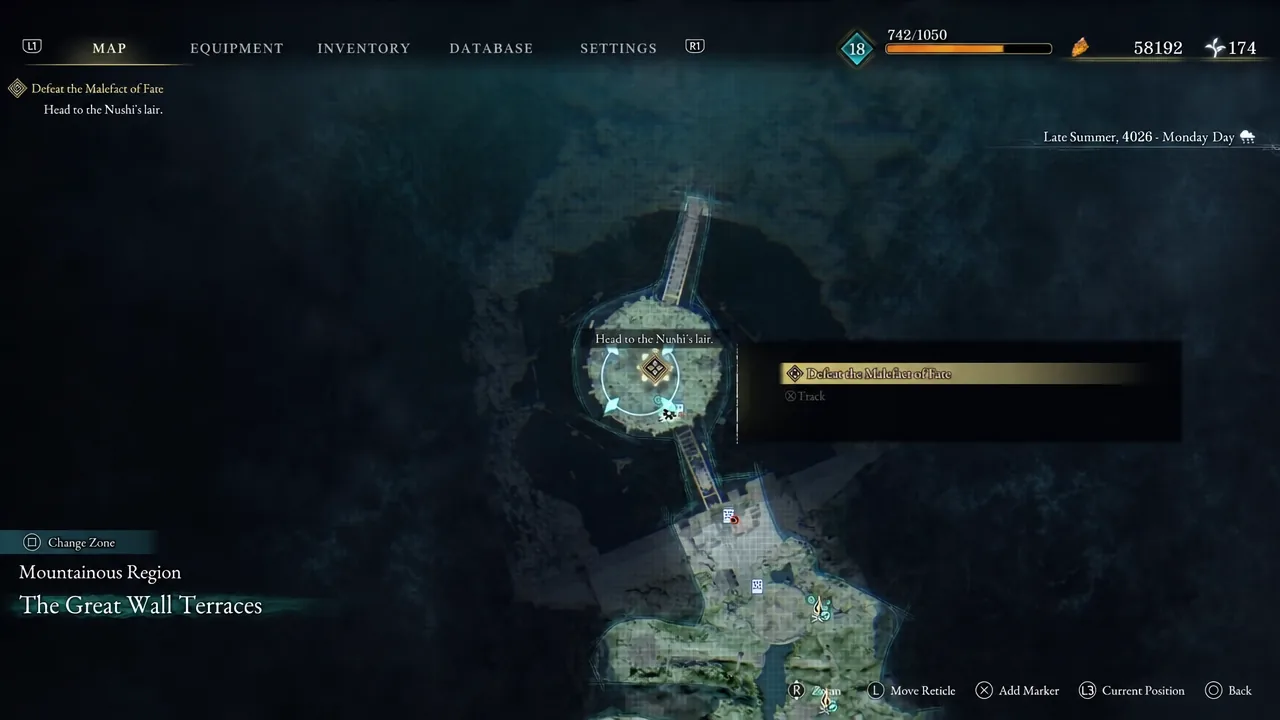 Map screen in The Great Wall Terraces with the active quest tracked south of the Nushi's lair