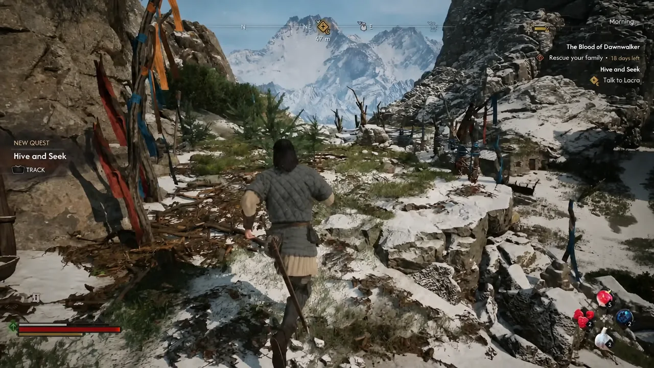 Hive and Seek quest panel on screen while crossing a snowy mountain path