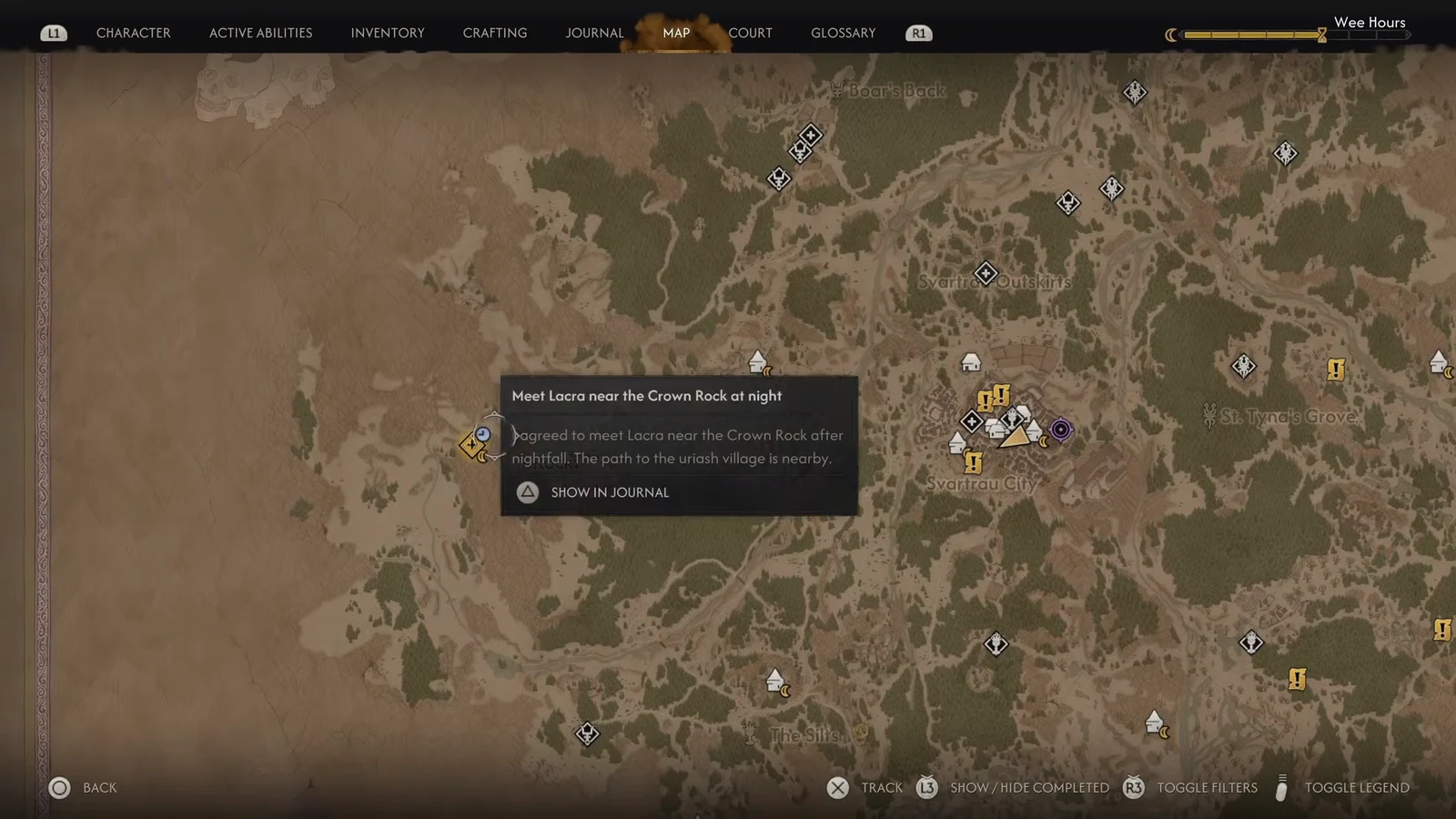 Map screen showing the objective Meet Lacra near the Crown Rock at night