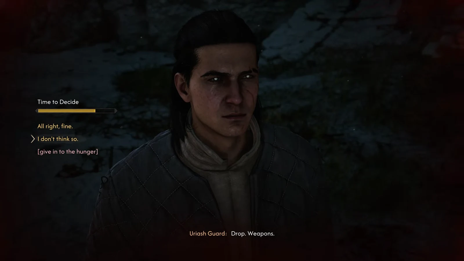 Time to Decide dialogue menu during the standoff with the Uriash Guard