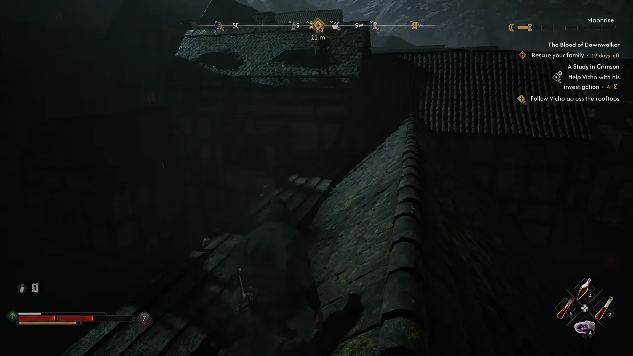Quest tracker reading Follow Vicho across the rooftops during the night chase in Svartrau