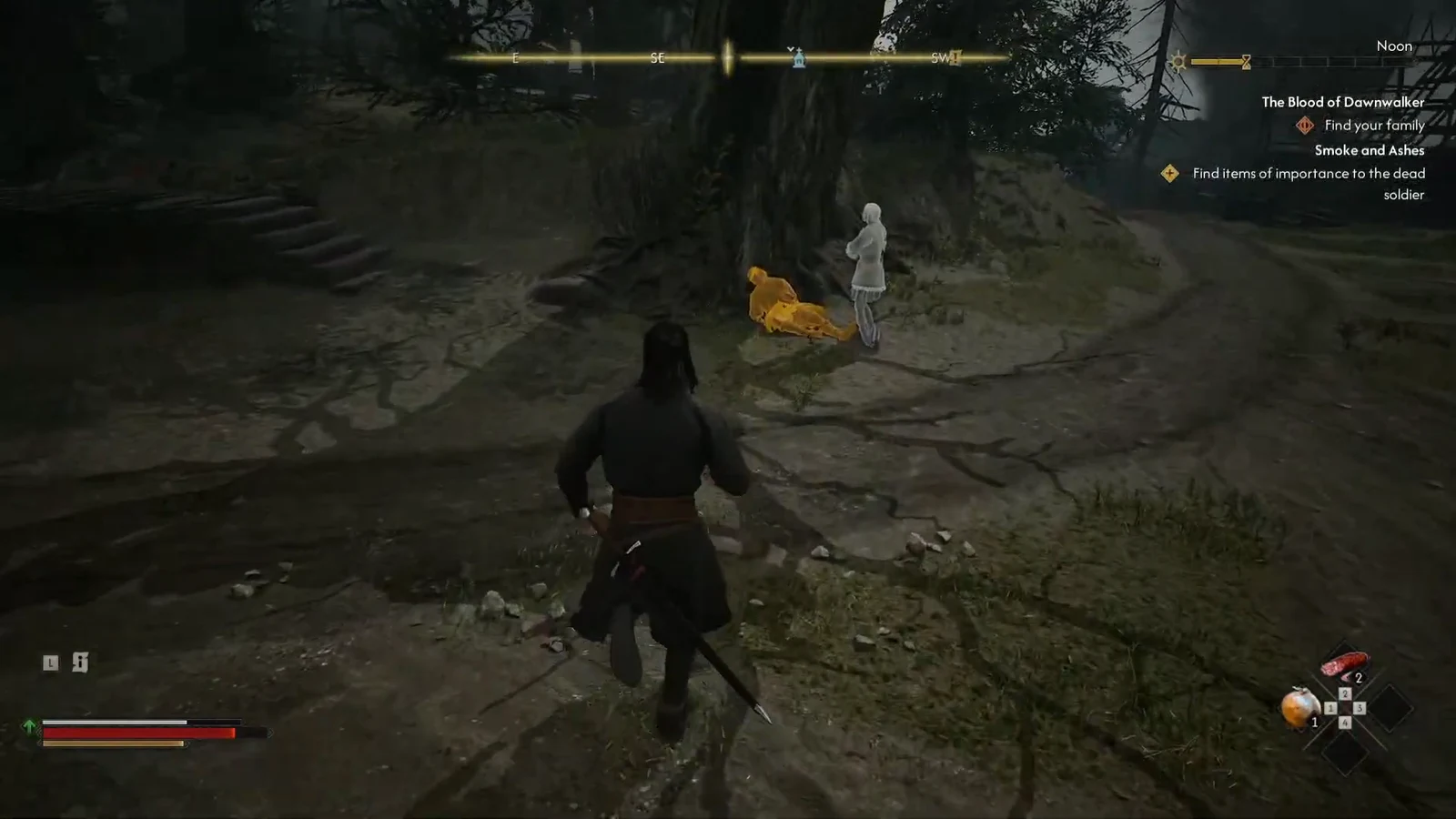 Coen approaching the glowing corpse with the soldier's ghost hovering beside it