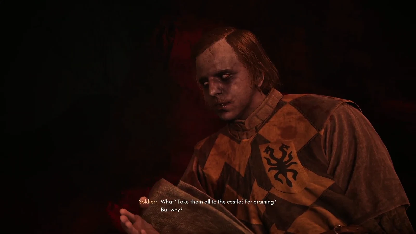 The soldier's ghost recounting the order to take the villagers to the castle
