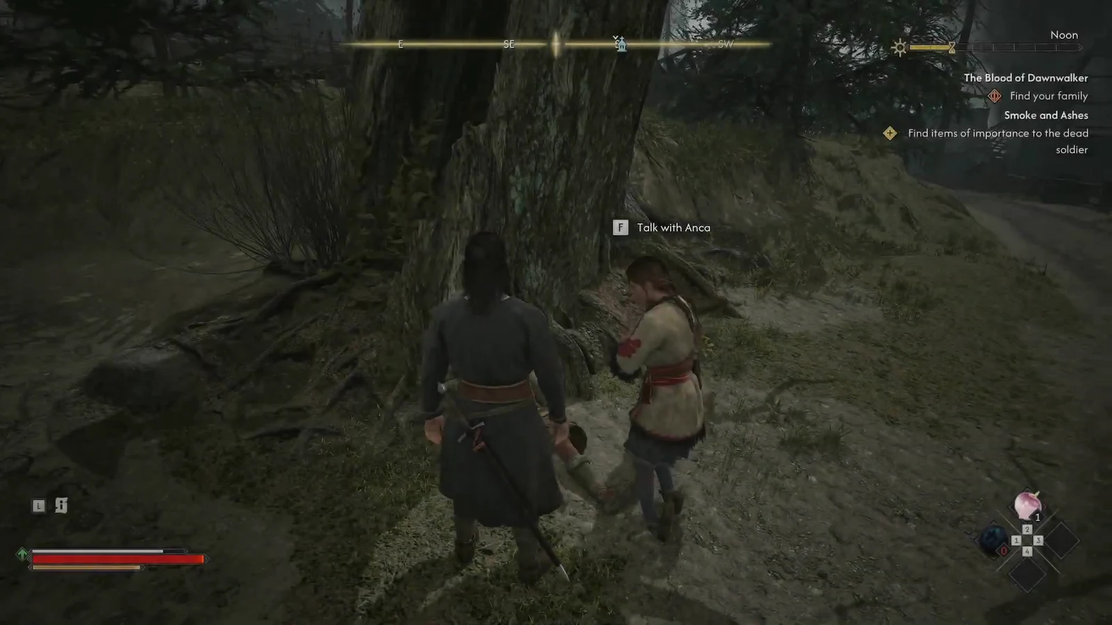 Talk with Anca interaction prompt appears as Coen approaches her by a large tree