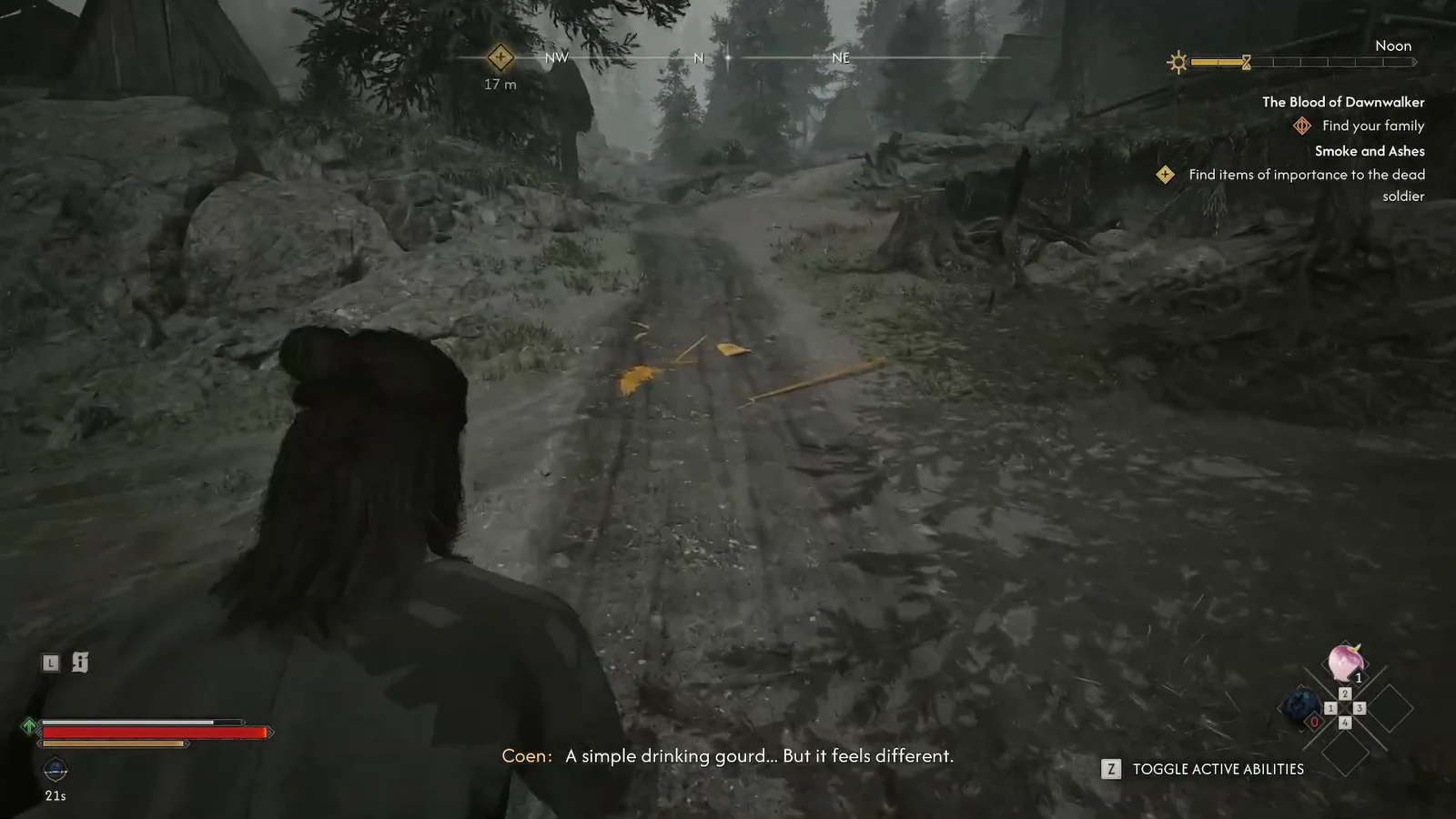 Coen moves along the path with the Smoke and Ashes objective to find items of importance to the dead soldier