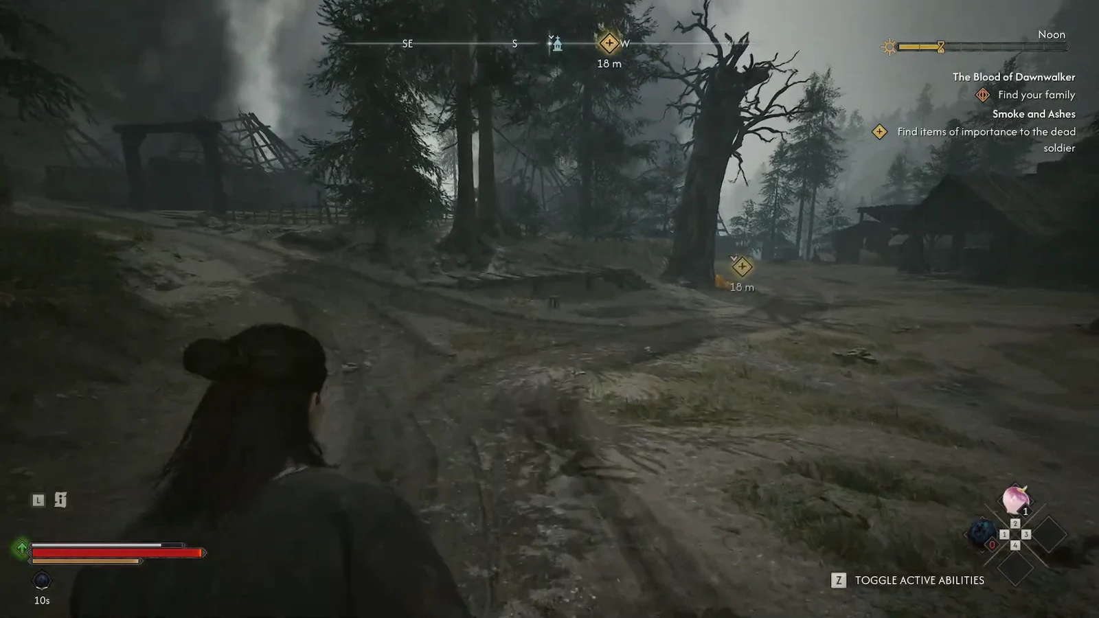 Quest tracker showing the distance to the objective marker in the burned village