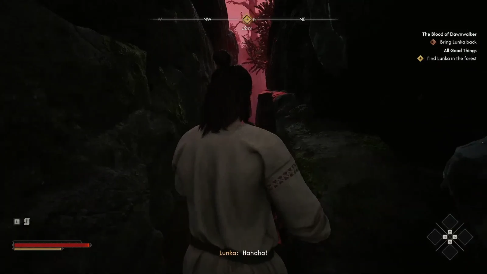 Quest tracker reading Find Lunka in the forest with the objective marker 12 meters ahead