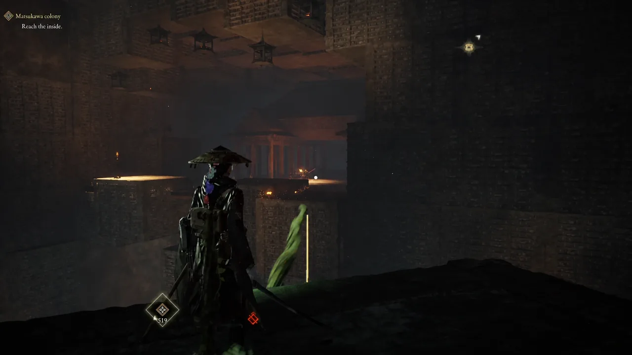 Emma crossing the dark temple-like upper interior of the library toward the high back platform