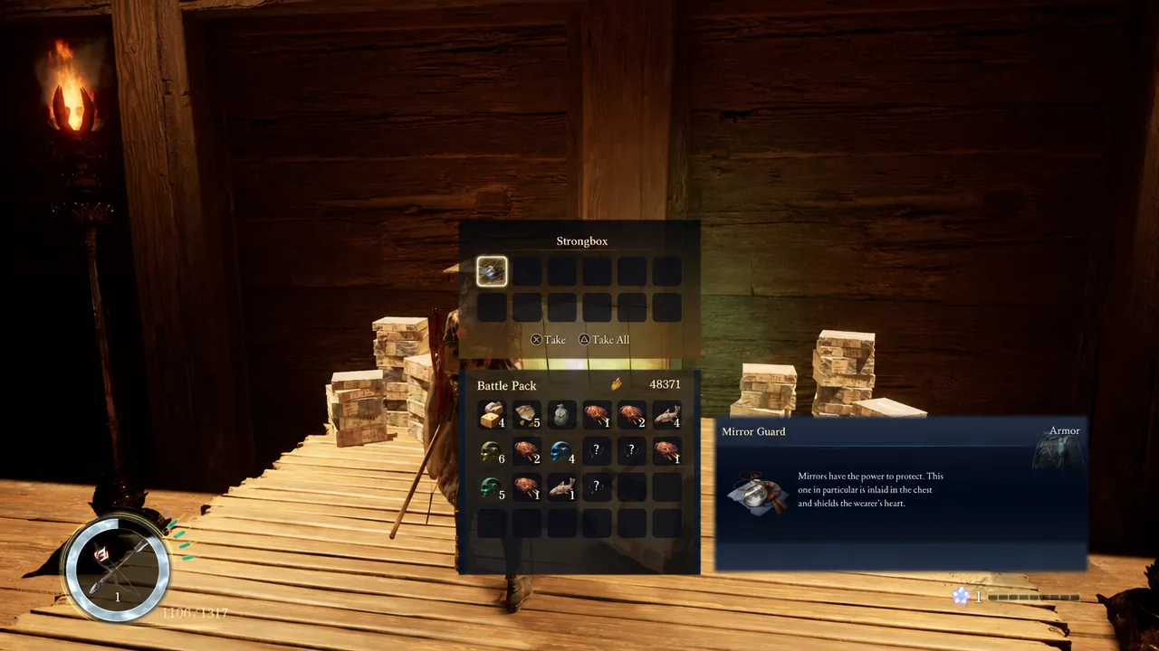 Strongbox loot screen listing Mirror Guard with the Take and Take All prompts