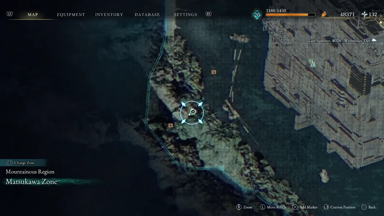 Matsukawa Zone map screen with Emma's current position marker centered before the run to the library