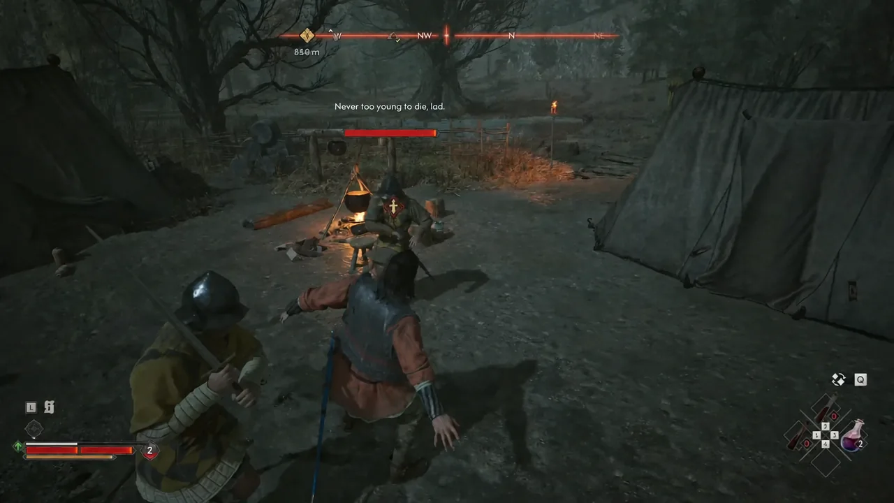 Melee exchange with a marked camp guard, enemy health bar visible at the top of the screen