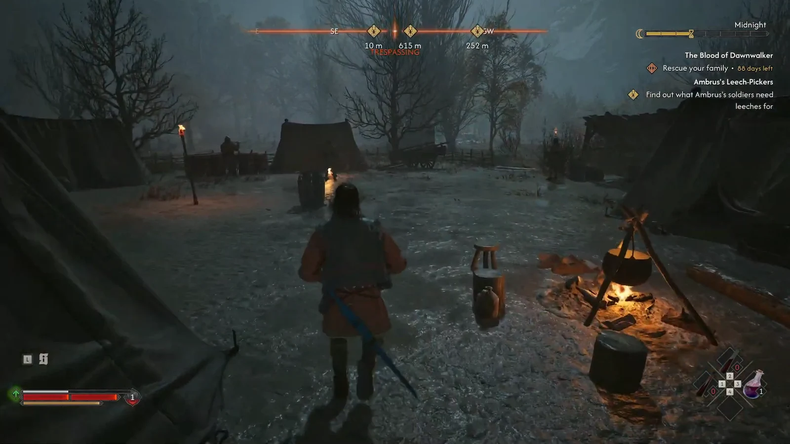 Player walking into the tented soldier camp with the leech objective tracked on the HUD
