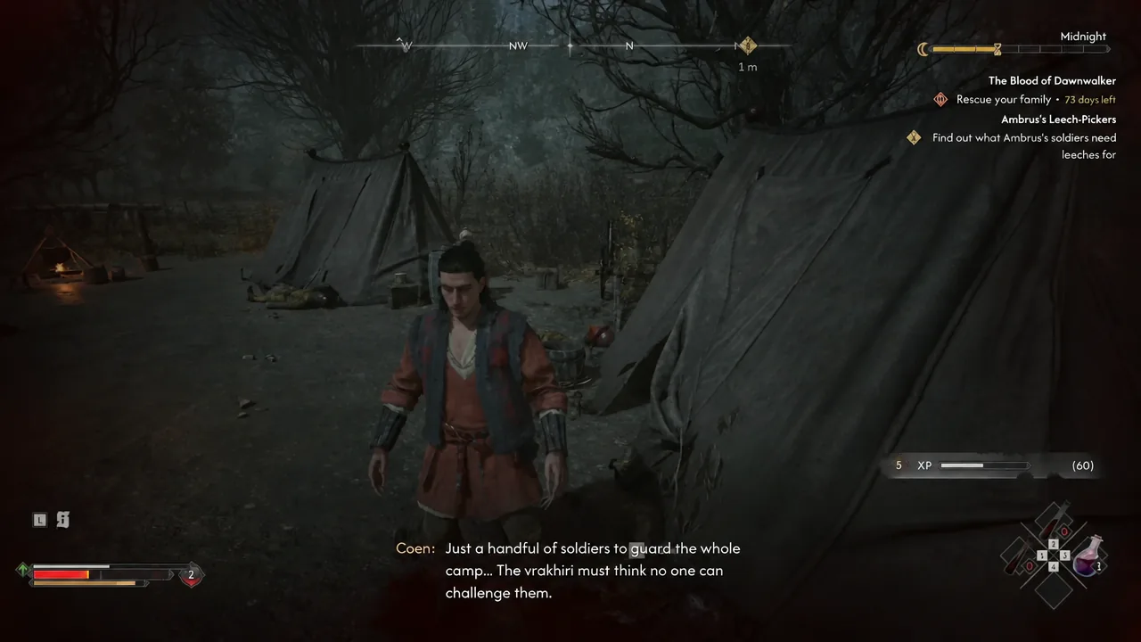 Active objective text about Ambrus's soldiers and leeches shown while searching the cleared camp