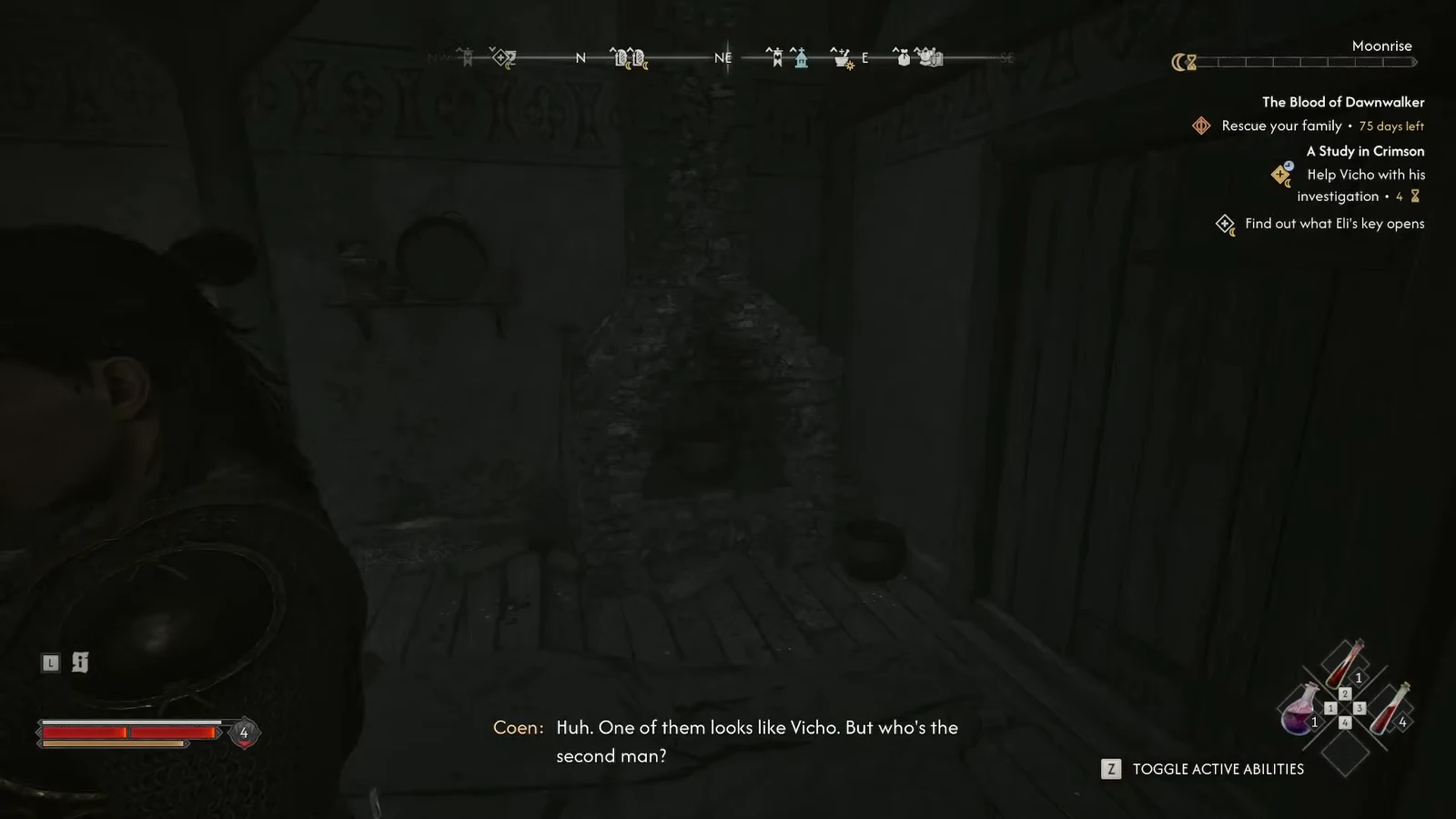 Quest tracker showing the A Study in Crimson objective to help Vicho with his investigation