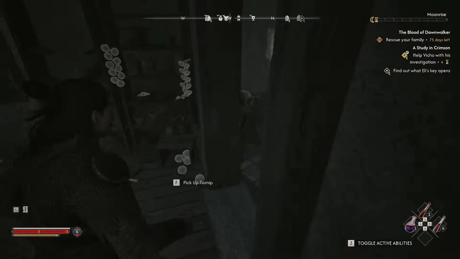 Pick Up Turnip interaction prompt on a shelf inside the jeweller's house