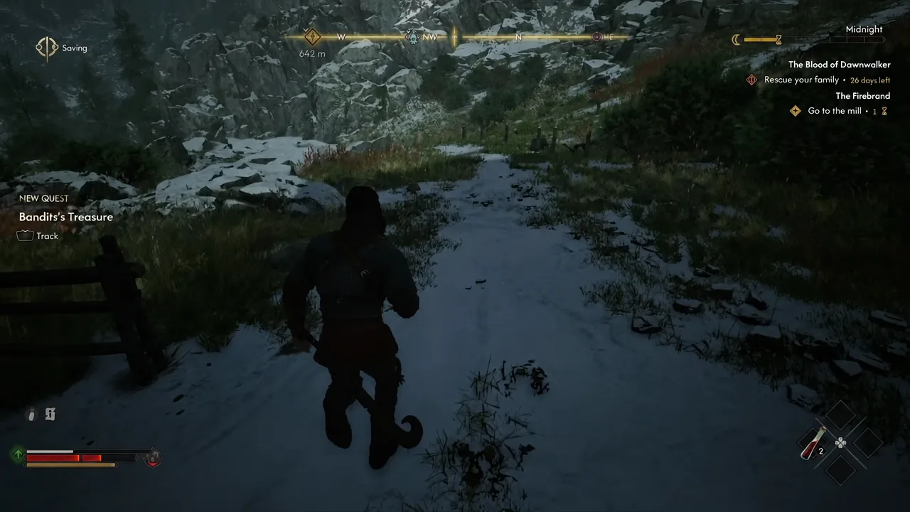 Bandits' Treasure quest notification with a Track prompt on a snowy path