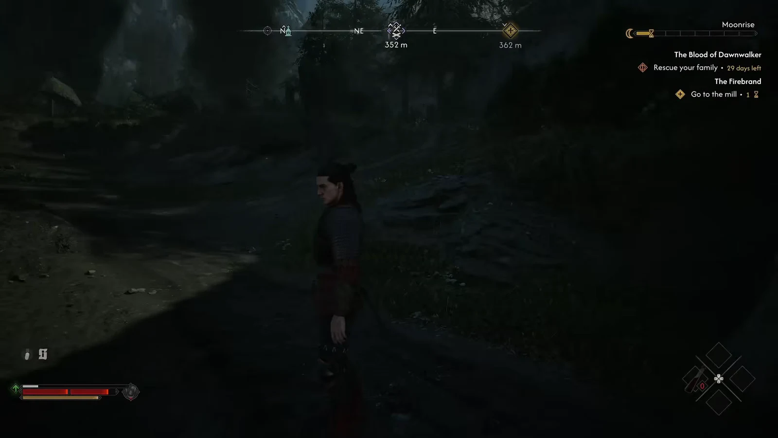 Coen moving through a dark forest at moonrise during the early Firebrand quest