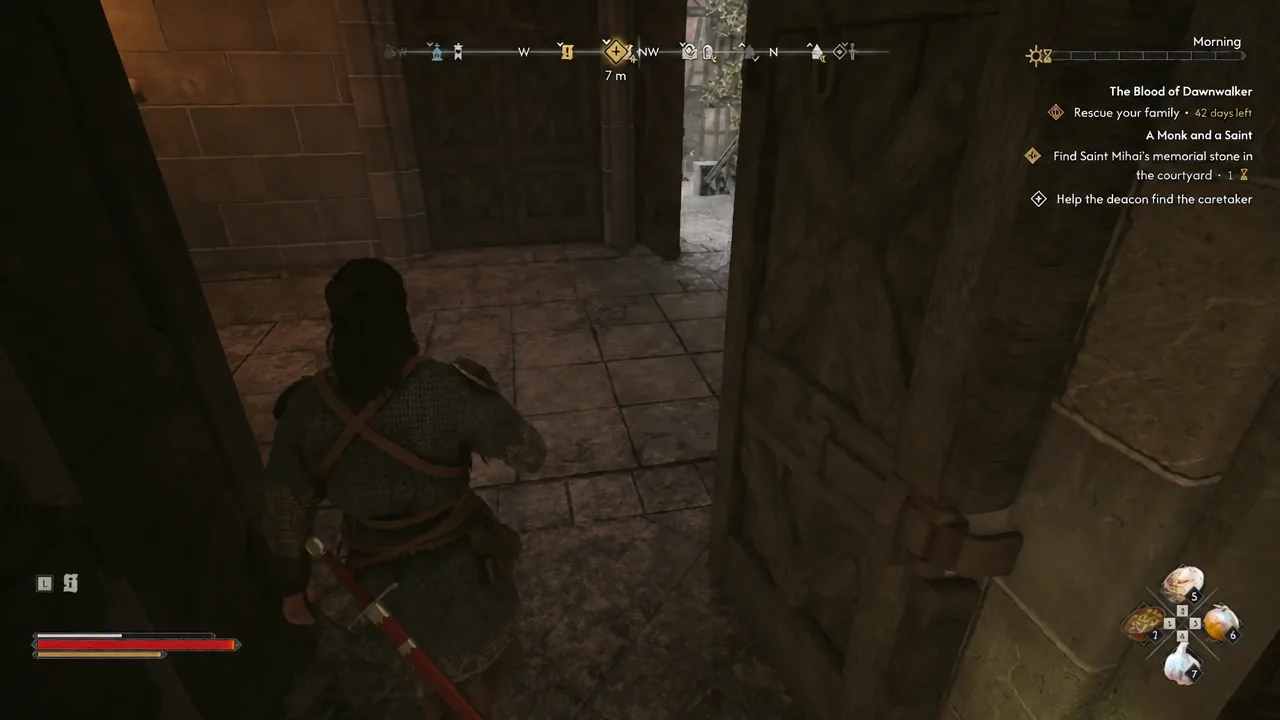 Quest tracker showing the objective to find Saint Mihai's memorial stone in the cathedral courtyard