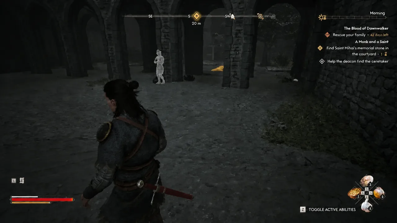 Entering the gated graveyard beside Svartrau Cathedral with the memorial stone objective active