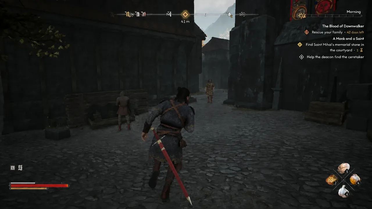 Player running toward the courtyard objective marker with 41 metres remaining