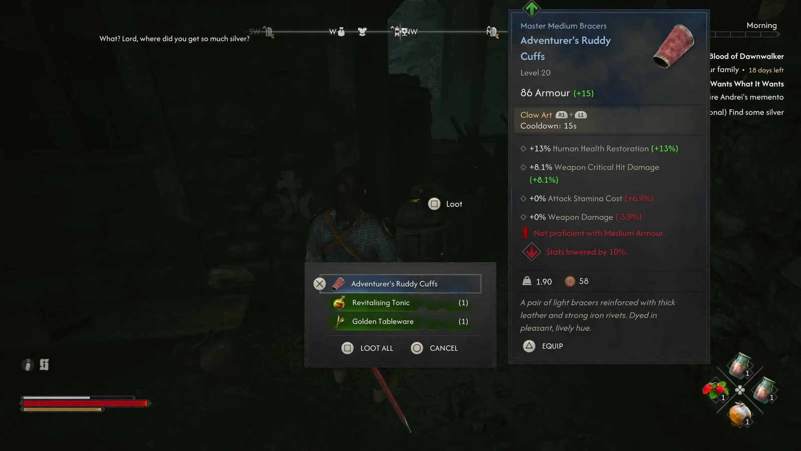 Adventurer's Ruddy Cuffs stats shown in the loot window