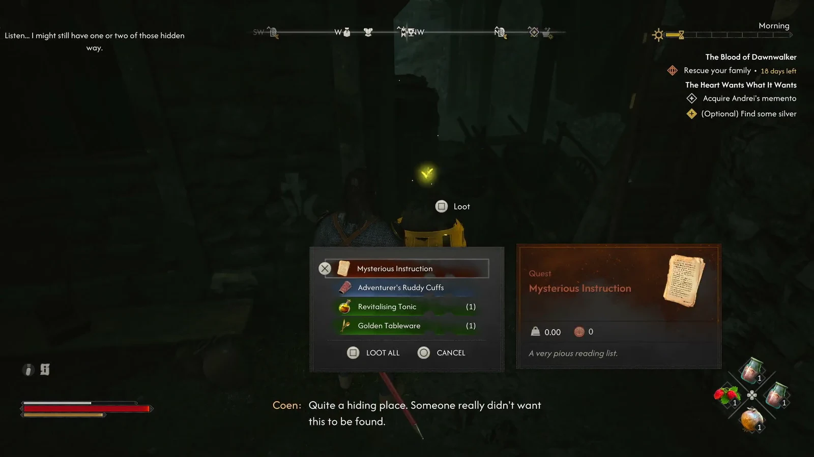 Loot menu with Mysterious Instruction highlighted and Loot All available