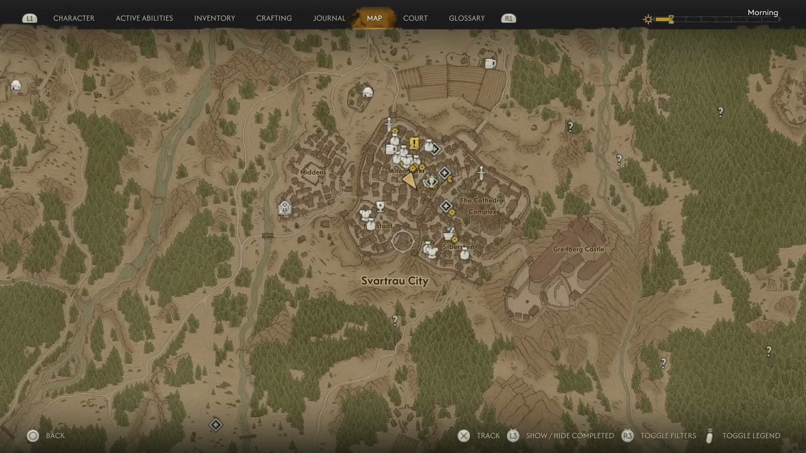 Svartrau City map with the cursor on the second stash marker southeast of the alley