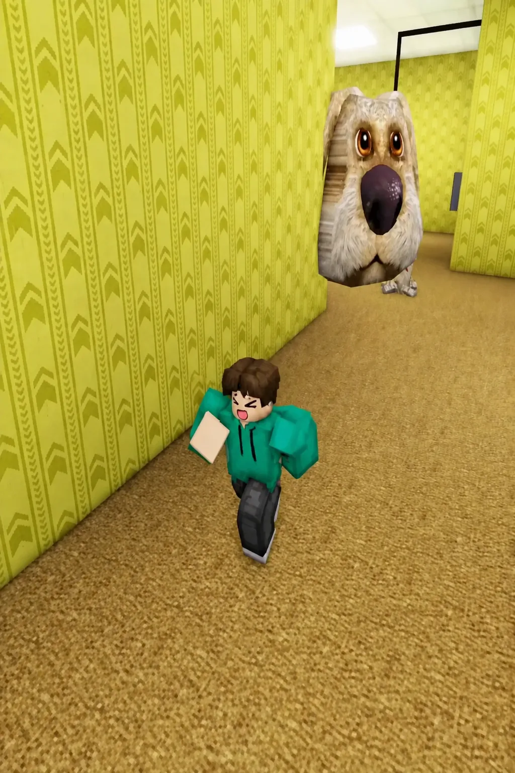 Player sprinting down a yellow Backrooms corridor with a large dog-head creature closing in behind
