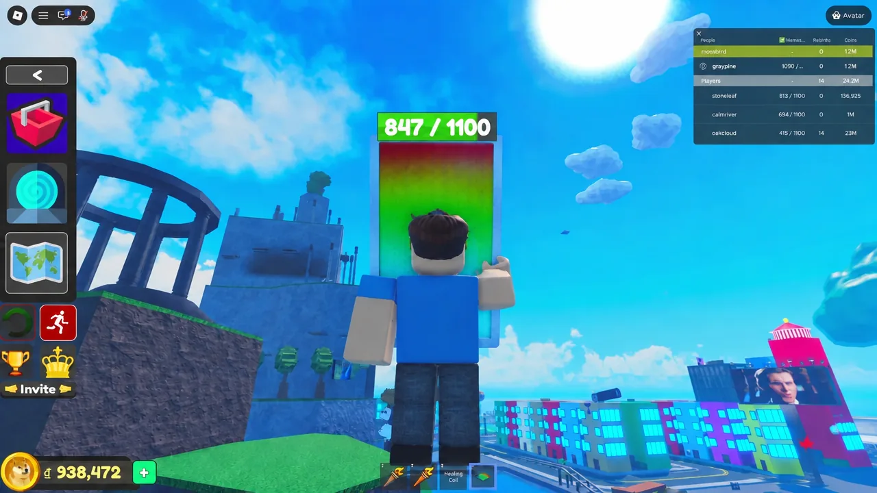 Avatar hovering beside the exterior wall of the stone tower obby to reach funky ehh