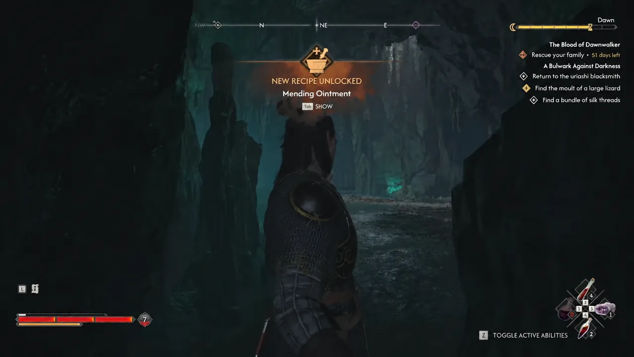 New Recipe Unlocked notification for Mending Ointment with a Tab prompt