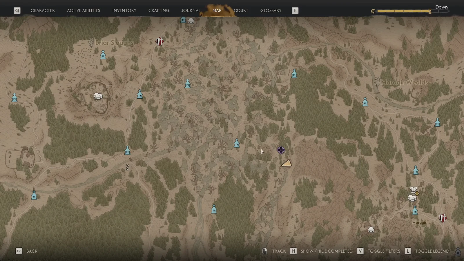 World map open in The Blood of Dawnwalker with the player marker and nearby fast-travel points in the marshlands