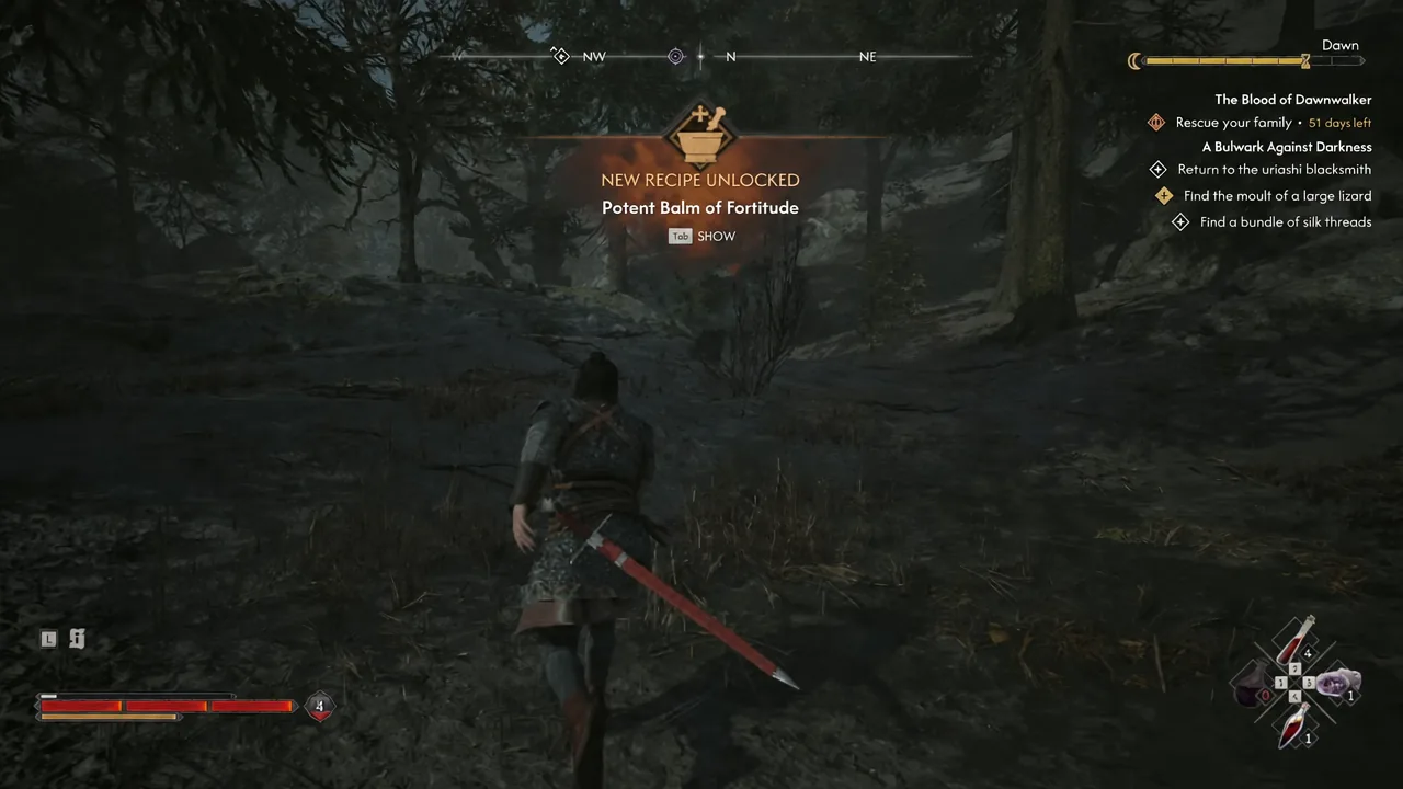 New Recipe Unlocked banner for Potent Balm of Fortitude with a Tab prompt to view it
