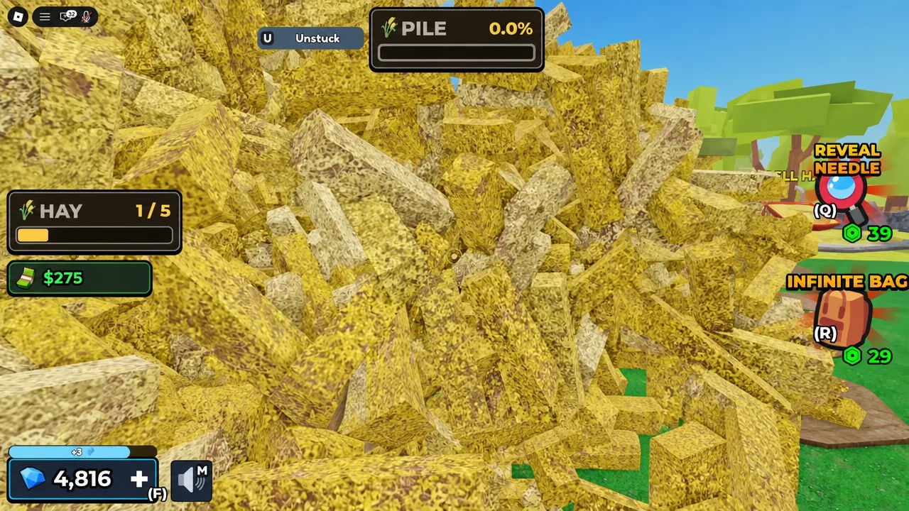 Hay pile in Find the Needle with the PILE progress panel reading 0.0 percent at the start of a round