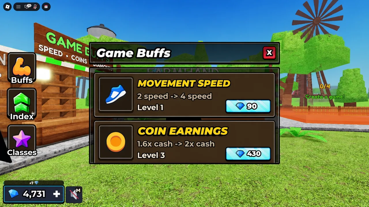 Game Buffs menu showing Movement Speed and Coin Earnings upgrades with diamond purchase buttons