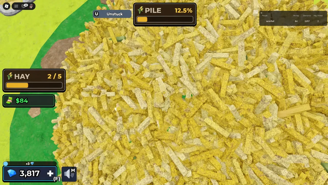 Unstuck button highlighted on the PILE screen as the player pulls free of the haystack
