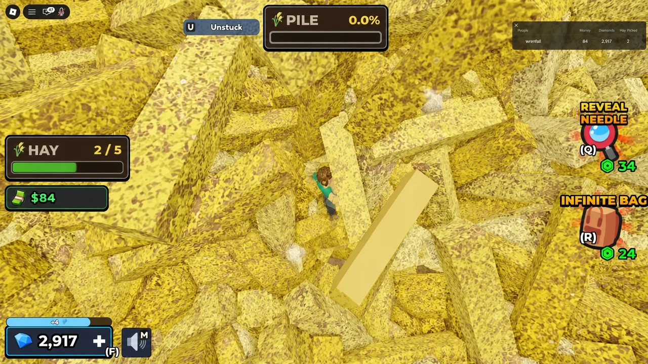 Player standing inside the hay pile with the U Unstuck button visible on the PILE screen