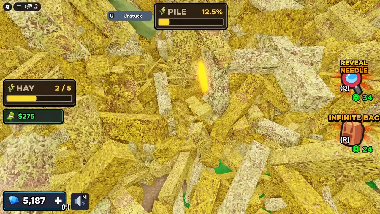PILE status panel showing 12.5 percent cleared while the player digs through hay