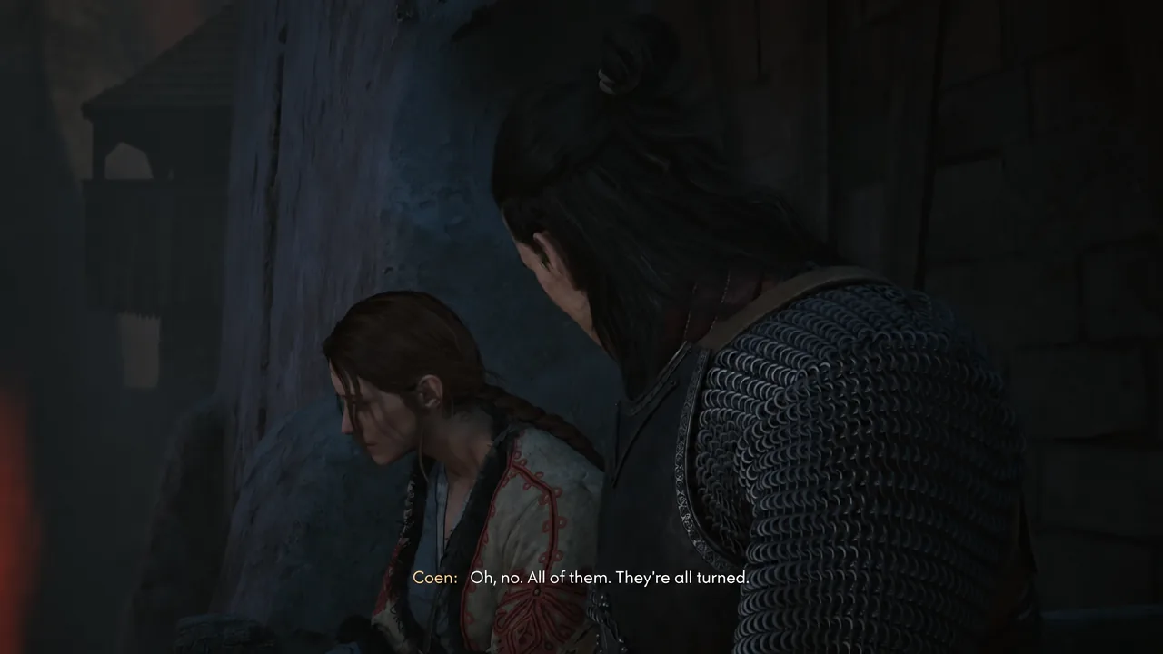 Coen and Anca crouched by a wall as the subtitle reads that all the nuns have turned
