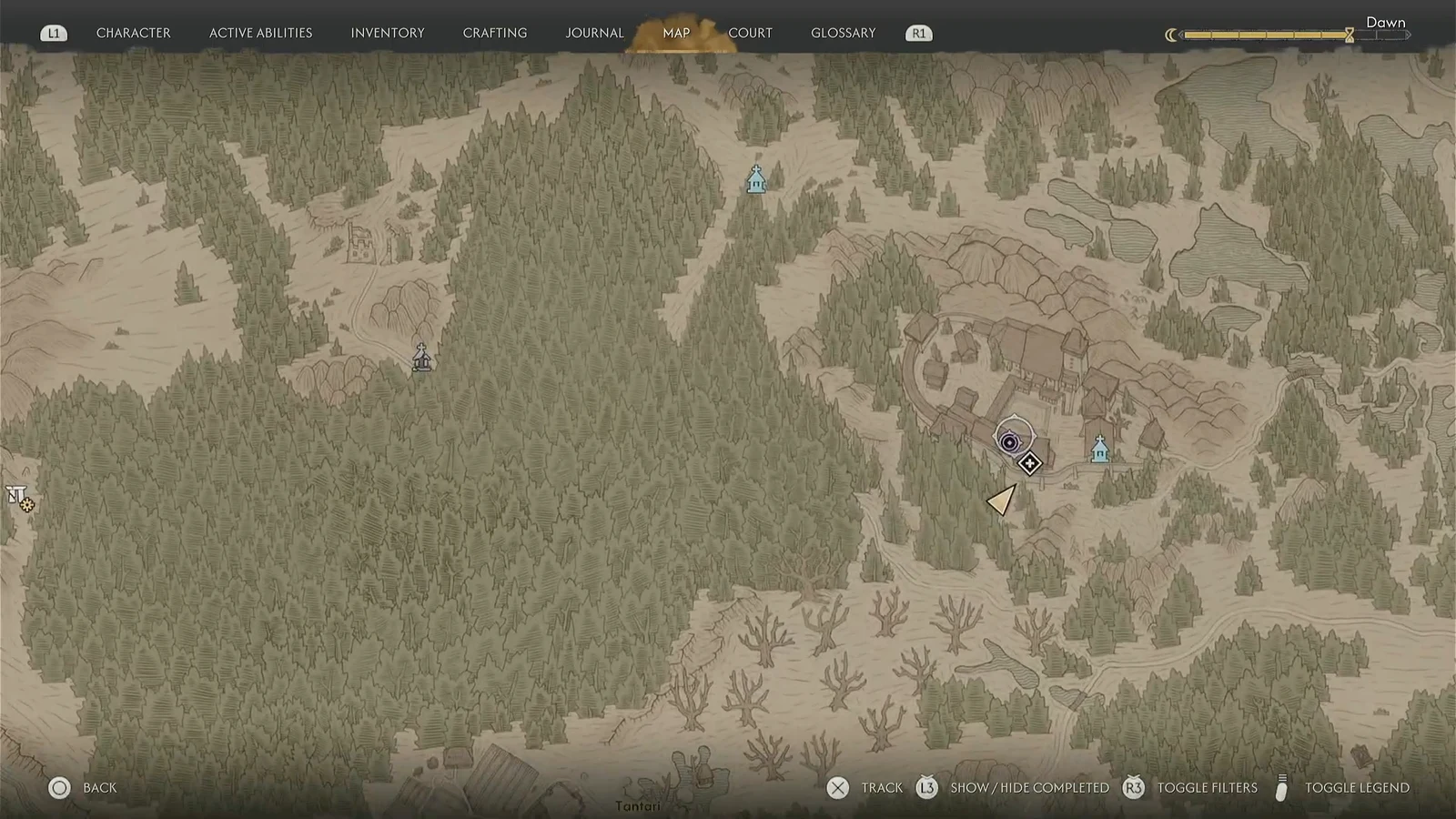 World map open with a purple objective marker selected next to a settlement
